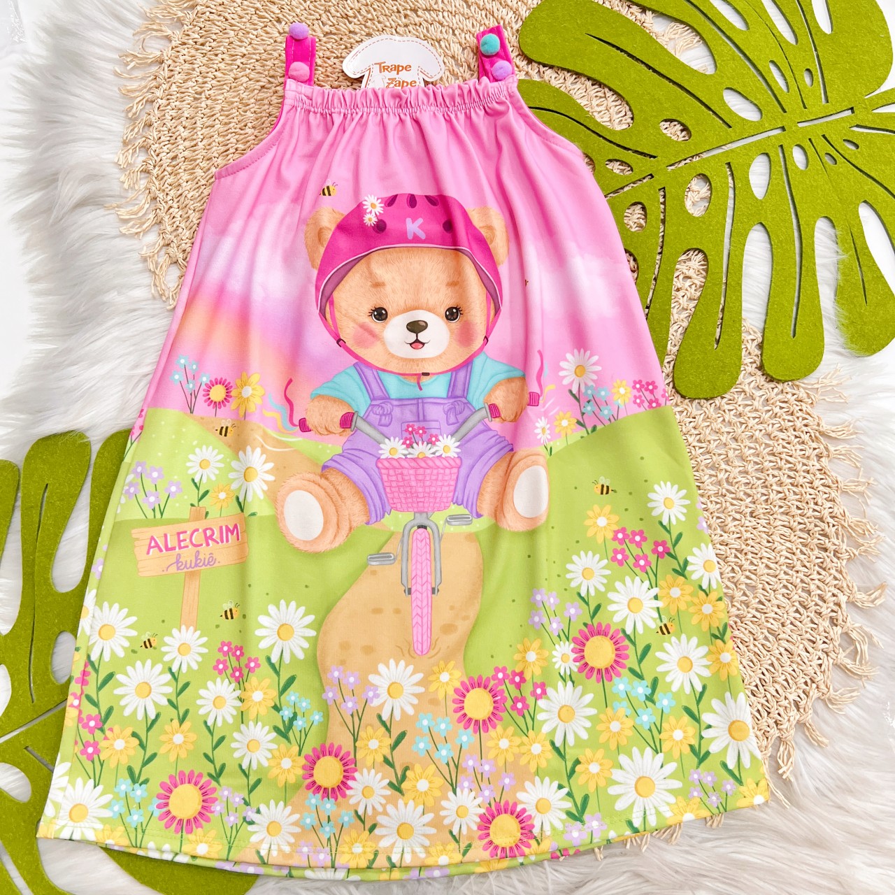  Vestido com Alcinha de Pompom e Ursinha de Bicicleta - Rosa
